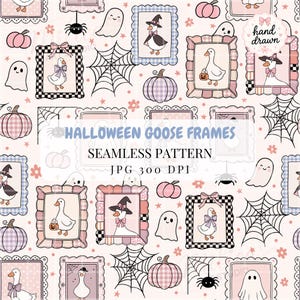 May include: A seamless pattern featuring Halloween goose frames, ghosts, spiders, webs, and pumpkins in shades of pink, purple, and black. The text reads HALLOWEEN GOOSE FRAMES SEAMLESS PATTERN JPG 300 DPI. The design includes hand-drawn illustrations.