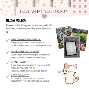 May include: A promotional graphic with the text "LOVE WHAT YOU FOUND?" and "HI, I'M MILICA". It also includes a cartoon cat, images of a tablet, and countryside photos. The text highlights hand-drawn designs for small business owners.