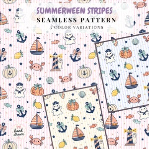 May include: Seamless pattern design with a nautical and Halloween theme. The design features ghosts, pumpkins, anchors, sailboats, crabs, and lemons. The text "Summerween Stripes" and "Seamless Pattern" are displayed at the top. Three color variations are shown.