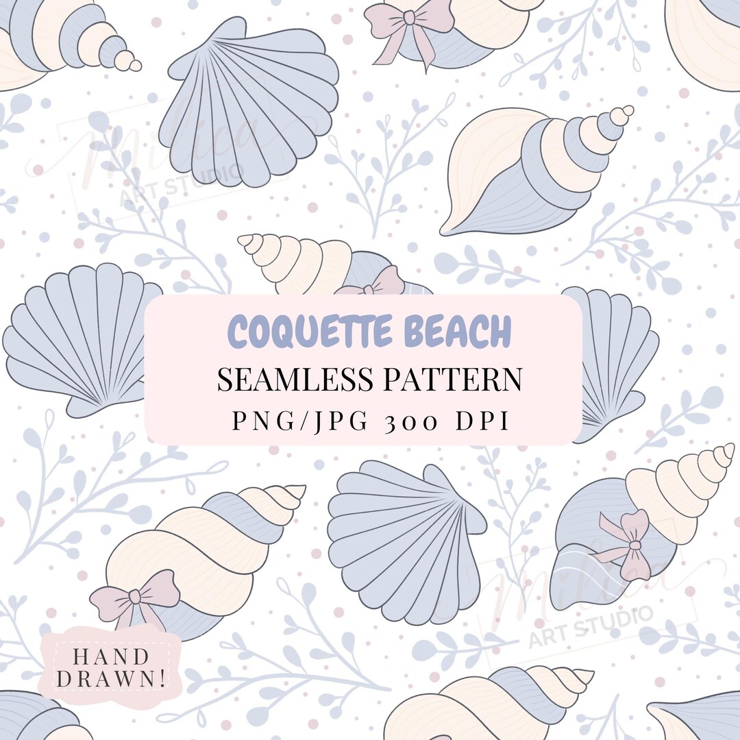 Coastal Seashell Bow Seamless Pattern Coquette Beach Digital Paper Blue ...