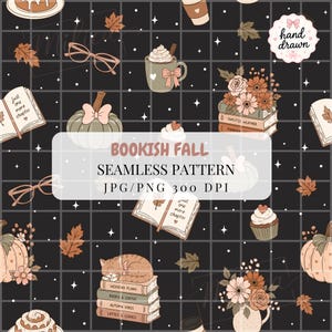 Bookish Fall Seamless Pattern Hand Drawn Cozy Reading Pattern Books Coffee Cats Pumpkins Autumn Florals Dark Academia Fabric Design