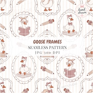 Op de afbeelding: Naadloos patroon met cartoon ganzen in ovale frames, lezend in boeken en met strikken en brillen. Potloden en de tekst "GOOSE FRAMES SEAMLESS PATTERN" zijn ook inbegrepen. Het ontwerp is met de hand getekend.