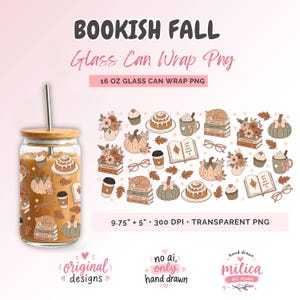 Puede incluir: Un vaso de 16 oz con tapa de bambú y pajita de metal, con un diseño que incluye ilustraciones de calabazas, libros, gatos, tazas de café, cupcakes y gafas en tonos otoñales. El texto dice BOOKISH FALL Glass Can Wrap Png.