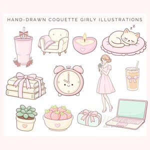 May include: A collection of hand-drawn coquette girly illustrations in soft pink and cream tones. The image includes a pink tumbler, armchair, heart-shaped candle, sleeping cat, books, alarm clock, woman, iced coffee, succulent, strawberries, gift box, and laptop.