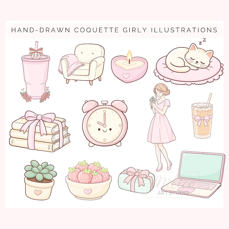 May include: A collection of hand-drawn coquette girly illustrations in soft pink and cream tones. The image includes a pink tumbler, armchair, heart-shaped candle, sleeping cat, books, alarm clock, woman, iced coffee, succulent, strawberries, gift box, and laptop.