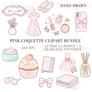 May include: A hand-drawn pink coquette clipart bundle featuring a variety of items. Includes a sleep mask, dress, shoes, lipstick, perfume, compact, phone case, flowers, cream jar, cupcake, glasses, notebook, bow, dress, purse, ballet flats, blanket, and diffuser.