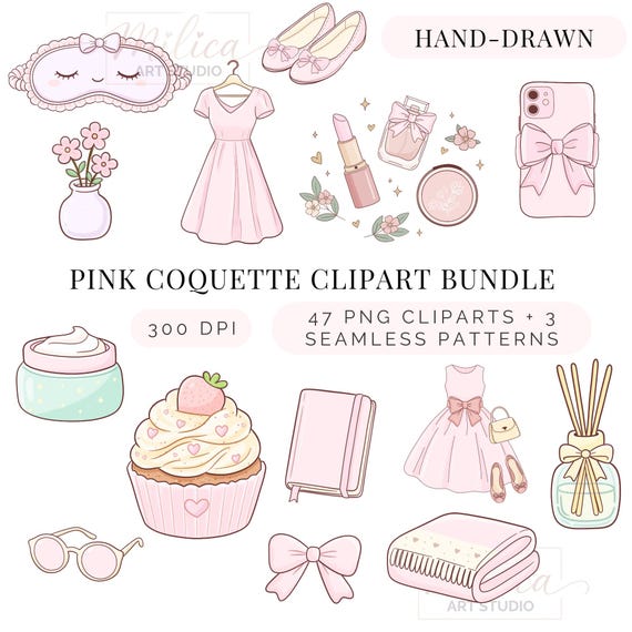 Pink Coquette Clipart Bundle, Girly Aesthetic PNG, Hand Drawn Feminine Illustrations, Soft Pink Lifestyle Clipart, Commercial Use