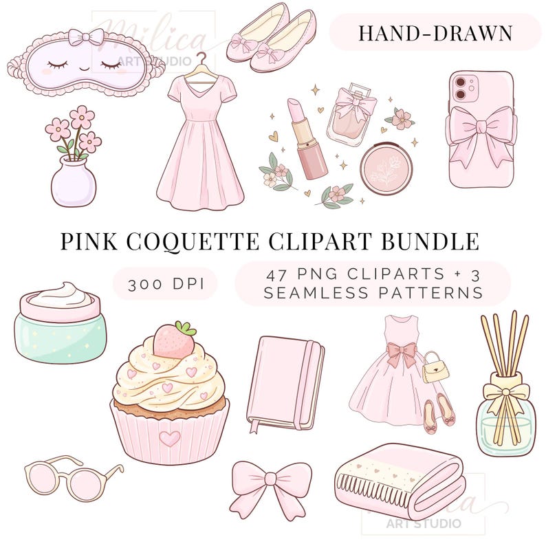 May include: A hand-drawn pink coquette clipart bundle featuring a variety of items. Includes a sleep mask, dress, shoes, lipstick, perfume, compact, phone case, flowers, cream jar, cupcake, glasses, notebook, bow, dress, purse, ballet flats, blanket, and diffuser.