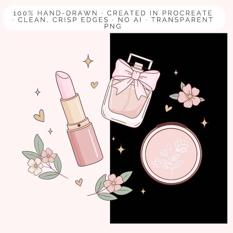 May include: Illustration of beauty products including a lipstick, perfume bottle with a bow, and a compact. The lipstick is pink and gold. The perfume bottle is light pink with a pink bow. The compact is pink with a floral design. The text in the image says "100% HAND-DRAWN CREATED IN PROCREATE CLEAN, CRISP EDGES NO AI TRANSPARENT PNG."