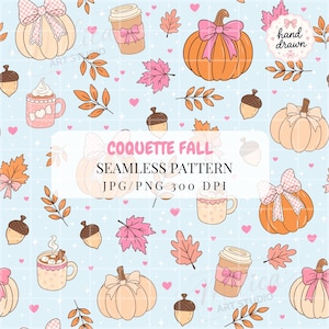 May include: A seamless digital pattern on a light blue background featuring orange and cream pumpkins with pink bows, brown acorns, pink mugs with whipped cream, and orange and pink autumn leaves. Text reads COQUETTE FALL SEAMLESS PATTERN JPG/PNG 300 DPI.