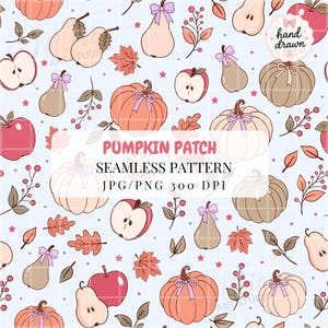 Puede incluir: Un patrón continuo con ilustraciones de calabazas, manzanas, peras y hojas de otoño sobre un fondo azul claro. Algunas calabazas y peras están adornadas con pequeños lazos morados. El texto dice: PUMPKIN PATCH SEAMLESS PATTERN JPG/PNG 300 DPI.