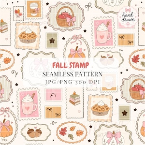 May include: A seamless pattern featuring various fall-themed stamps including baskets of apples, pumpkins with pink bows, mugs of hot drinks, pies, stacks of books, and autumn leaves. The text reads FALL STAMP SEAMLESS PATTERN JPG/PNG 300 DPI.