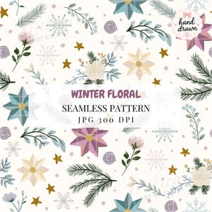 Könnte beinhalten: Ein nahtloses Muster mit winterlichen floralen Elementen wie weißen Rosen, Tannenzweigen, blau-violetten sternförmigen Blumen, Schneeflocken und goldenen Sternen auf weißem Grund. Text: Winter Floral Seamless Pattern JPG 300 DPI.