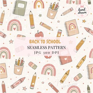 May include: A repeating pattern with school-themed illustrations, including pencils, crayons, erasers, notebooks, and rainbows. The words "BACK TO SCHOOL" are visible. The design uses a soft colour palette of beige, pink, and yellow.