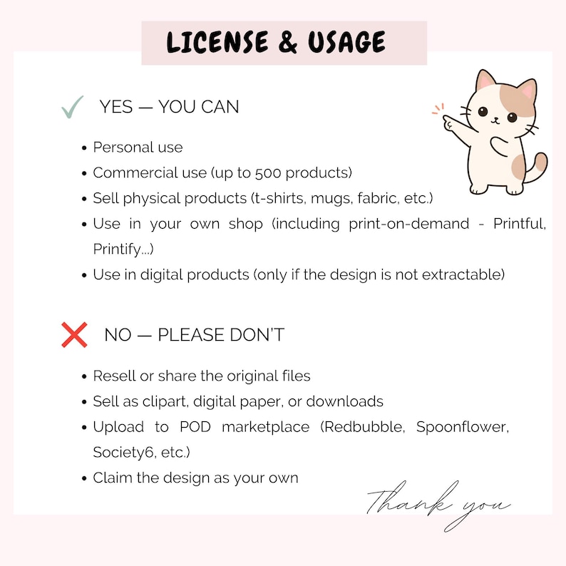 May include: A pink and white graphic with the text "LICENSE & USAGE" and a cartoon cat illustration. The text details permitted and prohibited uses of a design, including personal and commercial use, and selling physical products.