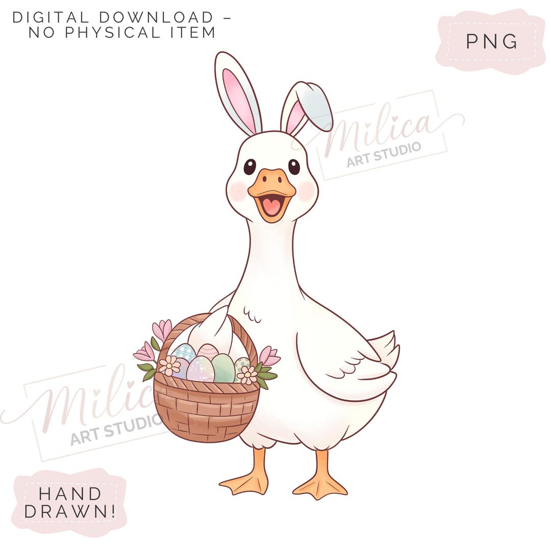 Cute Easter Goose Clipart With Bunny Ears Hand Drawn Spring Goose PNG ...