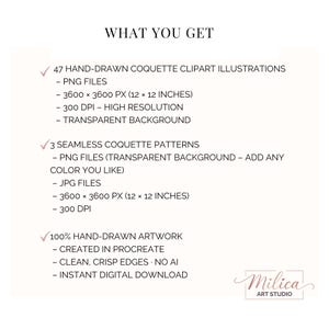 May include: White graphic with the text "WHAT YOU GET" and details about digital art files. Includes 47 hand-drawn clipart illustrations, 3 seamless patterns, and 100% hand-drawn artwork. The files are 12 x 12 inches and 300 DPI.