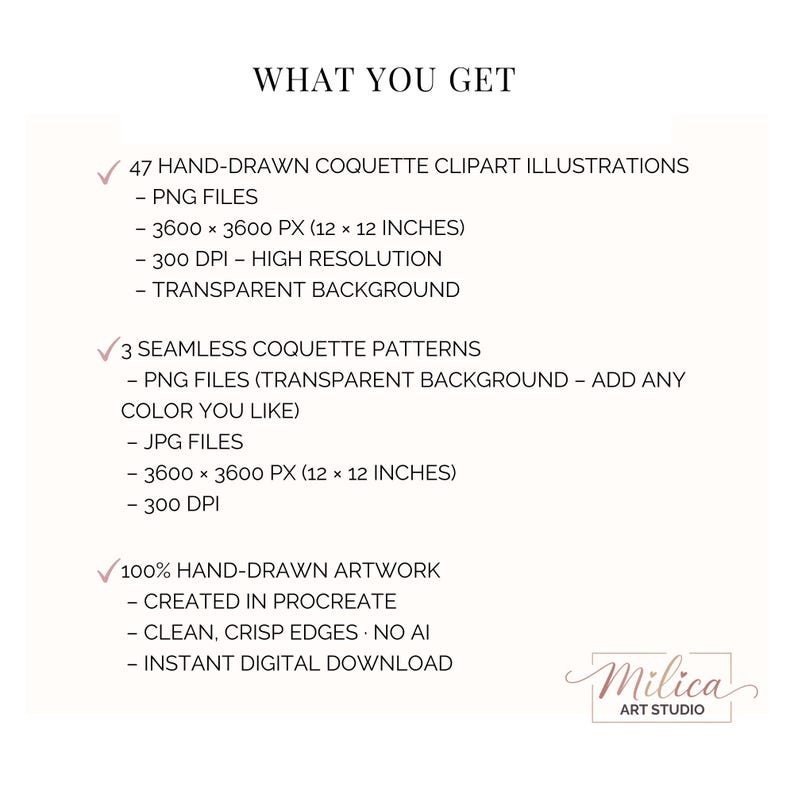 May include: White graphic with the text "WHAT YOU GET" and details about digital art files. Includes 47 hand-drawn clipart illustrations, 3 seamless patterns, and 100% hand-drawn artwork. The files are 12 x 12 inches and 300 DPI.