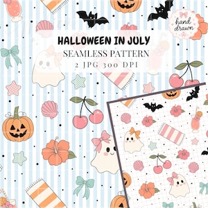 May include: A seamless pattern design with Halloween-themed illustrations. The design includes pumpkins, ghosts, bats, cherries, seashells, bows, and cocktails. The text "HALLOWEEN IN JULY" is displayed in the center of the image.