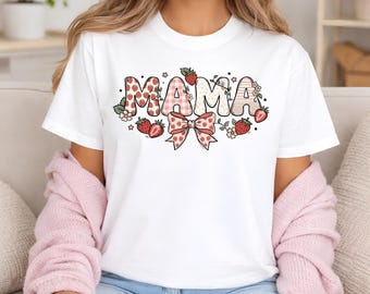 Strawberry Mama PNG Coquette Mothers Day Shirt Design Trendy Retro Mama Preppy Bow Sublimation Mom Graphic Tee Spring Mama