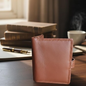 May include: A brown leather wallet with a stitched border and a snap closure. The wallet is on a wooden surface, with books, a pen, and a cup of coffee in the background. The wallet appears to be approximately 10 cm wide.