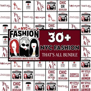 Può includere: Un collage di grafiche a tema moda. L'immagine centrale presenta tre donne stilizzate e il testo "NYC FASHION THAT'S ALL BUNDLE". Le immagini circostanti includono tazze di caffè, testo e grafiche a tema moda.