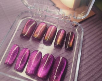 Cat Eye Glossy Press On Nails- Medium Length Soft Square-Reusable Handmade Press Ons.