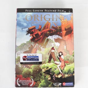 May include: DVD case for the animated film "Origin: Spirits of the Past." The cover features a large, red mechanical structure, two characters, and the text "Origin: Spirits of the Past." Includes a Funimation sticker and a film festival nominee seal.