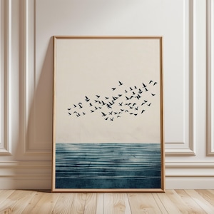 Vögel im Flug, Minimalistisch, Natur Motiv, Blau-weiß, Friedlicher Vibe, Wandkunst, ruhige Landschaft, Poster Wandbild, Druck Ungerahmt