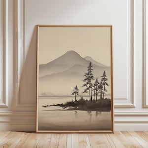 Berglandschaft mit Nebel, Tuschmalerei Stil, Ruhige Natur, Sanfte Farben, Friedlicher Vibe, Wasserreflexion, Poster Wandbild, Wanddeko
