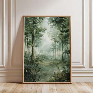 Friedlicher Wald, Digitale Malerei, Natur Landschaft, Grünliche Töne, Mystische Stimmung, Beruhigende Atmosphäre, Poster Wandbild, Wanddeko