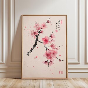 Zarte Kirschblüten, Asiatischer Stil, Blütenzweig, Rosa, Friedlicher Vibe, Natur Motiv, Minimalistisch, Poster Wandbild, Druck Ungerahmt