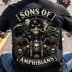Motorcykel-t-shirt med grodor, rolig rebellisk padda, humor, amfibie-söner, cyklister, lappgrodor på motorcyklar, T-shirt
