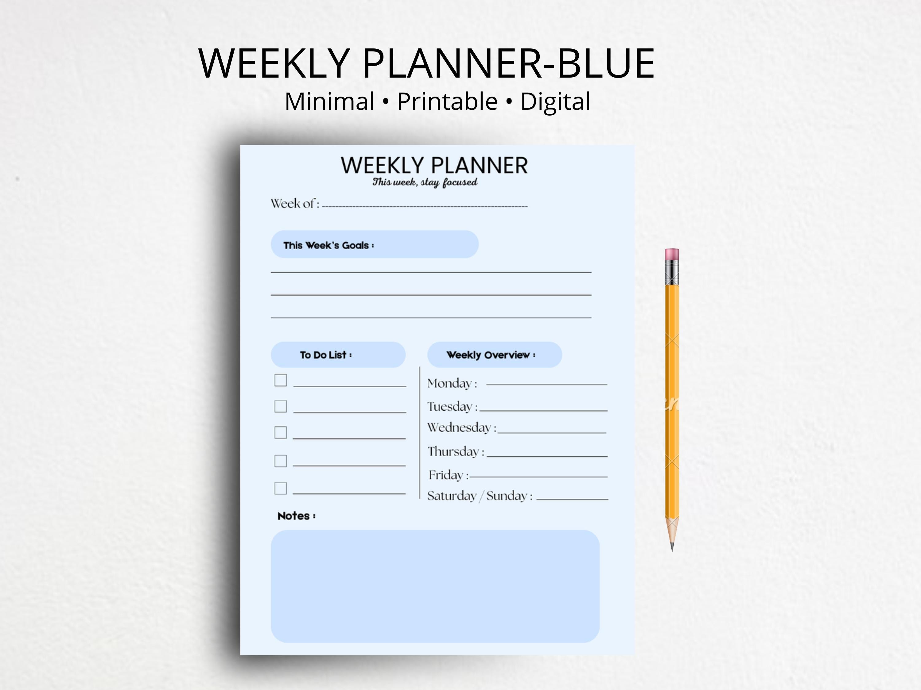 Minimalist Weekly Planner Printable | Blue Undated, A4 and US Letter ...