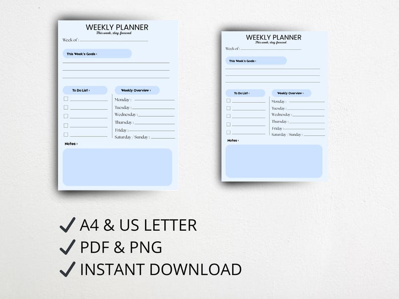 Weekly Plan Text Minimalist Weekly Planner Printable | Blue Undated, A4 and US Letter ...