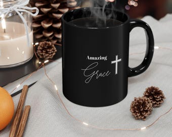 Amazing Grace Cross Ceramic Mug, Coffee Mug Christianity, Christian Bible Verse Mug, Faith Inspired Gift, Gift for Coffee Lovers, Black Mug