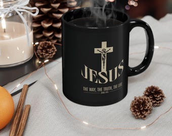 Christian Mug | Black Coffee Cup, Cross Mug, Bible Study Gift, Christian Coffee Mug