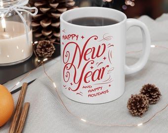 Happy Holidays New Year Mug | Red Script Holiday Coffee Cup