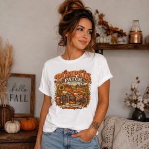 Camiseta vintage con estampado de huerto de calabazas y cosecha otoñal, camiseta acogedora de otoño.