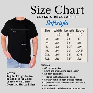 May include: Black t-shirt with a size chart and product details. The chart lists sizes S to 3XL, with measurements in inches for width, length, and sleeve. Features include a 4.5 oz unisex tee, pre-shrunk cotton, and a modern classic fit.