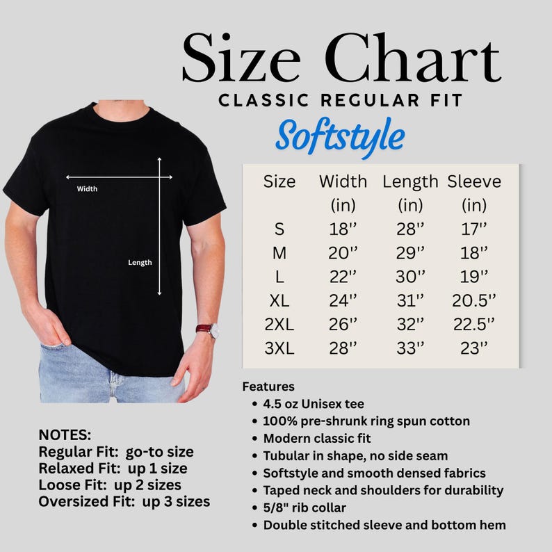 May include: Black t-shirt with a size chart and product details. The chart lists sizes S to 3XL, with measurements in inches for width, length, and sleeve. Features include a 4.5 oz unisex tee, pre-shrunk cotton, and a modern classic fit.