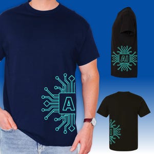 May include: Navy blue t-shirt with a teal AI circuit board design. The design features the letter "A" inside a square, surrounded by circuit lines. Additional views show the design on a black t-shirt.
