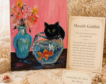 Schwarze Katze und Goldfisch Gemälde, Wunderliche Haustier Wandkunst, Rosa Blumen Stillleben, Cottagecore Leinwand Geschenk