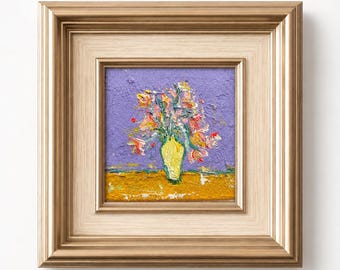 Origineel mini getextureerd olieverfschilderij 10 x 10 cm, paars paletmes bloemen canvas kunst, kleine Impasto bloemenvaas schilderij, leuk esthetisch cadeau