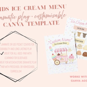 May include: A customizable Canva template for a kids' ice cream menu, perfect for dramatic play. The design includes a menu with ice cream flavors and a customizable ice cream shop graphic. The template is designed for durability and long-lasting play.