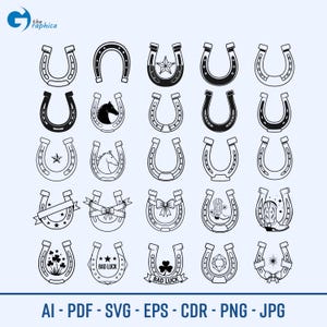 Puede incluir: Una colección de diseños de herraduras en blanco y negro, cada uno con adornos únicos como estrellas, caballos, lazos y tréboles. La imagen incluye el texto "AI - PDF - SVG - EPS - CDR - PNG - JPG".
