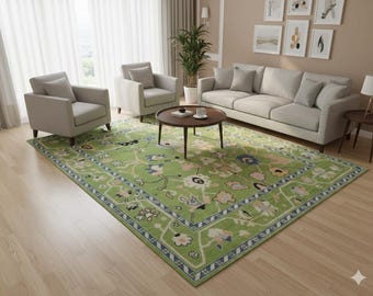 Alfombra de lana anudada a mano, estilo Oushak con estampado floral de pradera primaveral.