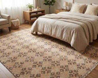Hand Knotted Wool Area Rug, Camel Lattice Trellis Design