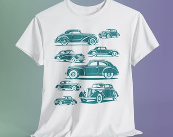 Turquoise Vintage Car Collage Shirt, Retro Automotive Graphic Tee