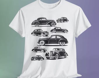Vintage Car Collage Shirt, Retro Monochrome Automotive Graphic Tee